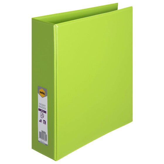 Lime green Marbig Clearview 50mm A4 insert binder at an angle with the Marbig label on the spine