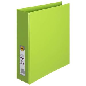 Lime green Marbig Clearview 50mm A4 insert binder at an angle with the Marbig label on the spine