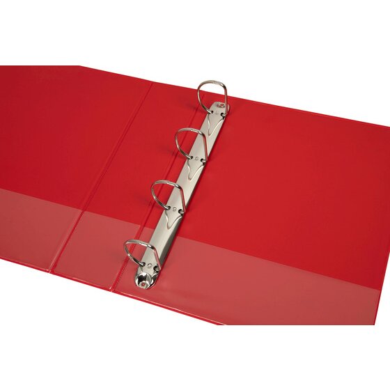 Open red Marbig 5424003B insert binder with four D rings on a metal rail along the back panel