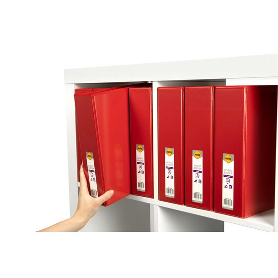 Hand drawing a red Marbig Clearview insert binder from a shelf of red binders with spine labels