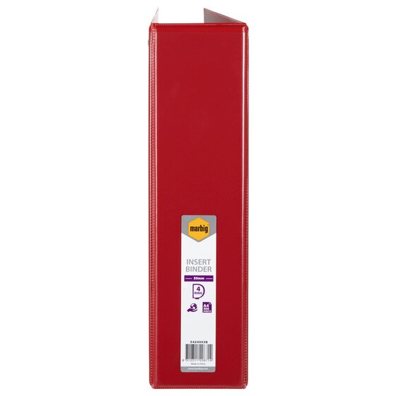 Red Marbig insert binder spine label showing 50mm, 4 ring, A4 400 sheets and code 5424003B