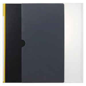 Marbig 2059002 black Clearview display book half drawn out of a translucent grey cover box with a round thumb cut-out