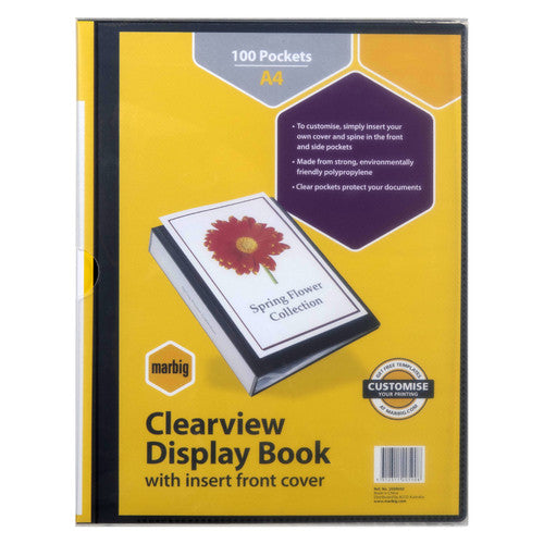 Marbig Clearview display book with a yellow pack card in the cover reading 100 Pockets A4 Clearview Display Book with insert front cover