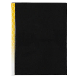 Marbig 2055002 Clearview A4 display book closed, black cover with a yellow and white printed strip showing in the spine pocket
