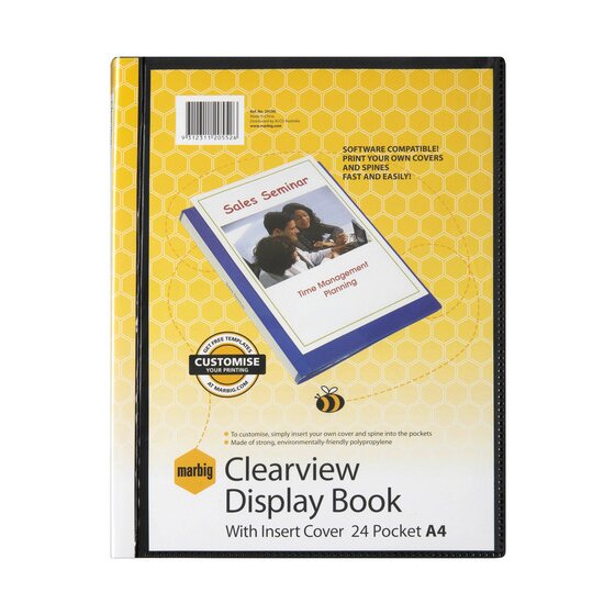 Black Marbig Clearview display book with its yellow pack card reading Clearview Display Book With Insert Cover 24 Pocket A4