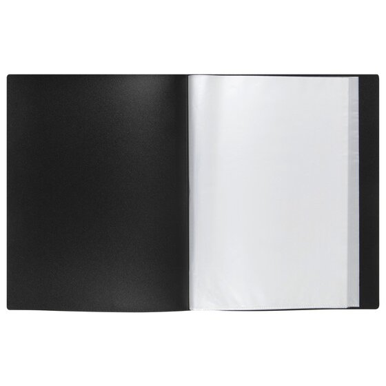 Black Marbig Clearview 24 pocket display book open flat, black inside cover on the left and clear pockets on the right
