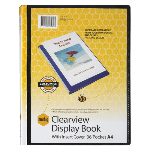 Inside view of Marbig Clearview Display Book showing clear polypropylene pockets holding A4 documents