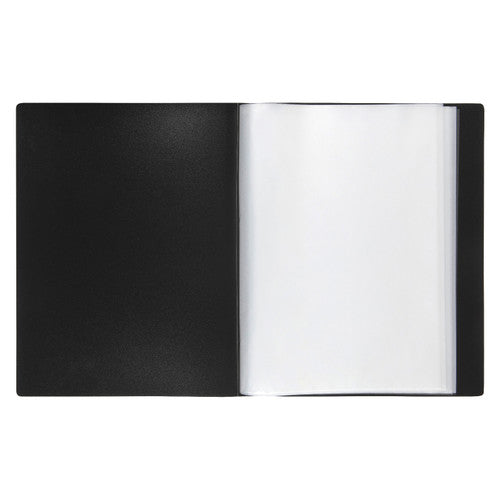Side spine view of Marbig 36 Pocket A4 Display Book highlighting fixed non-refillable black binding