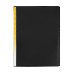Marbig 2057002 Clearview A4 display book closed, black cover with a yellow and white printed strip in the spine pocket