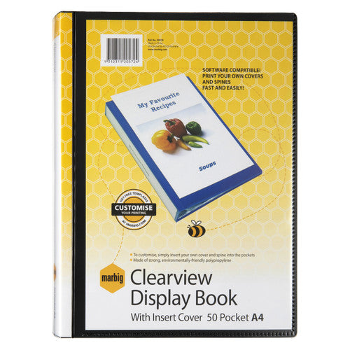 Marbig Clearview display book with a yellow pack card in the cover reading Clearview Display Book With Insert Cover 50 Pocket A4