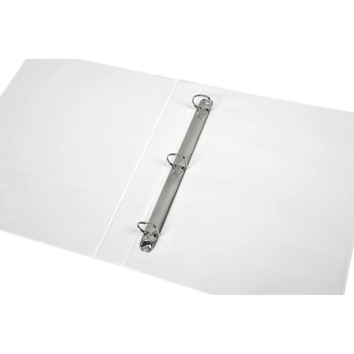 White Marbig Clearview binder lying open with a silver three D ring mechanism fixed along the spine