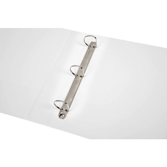 White Marbig Clearview binder open to show three D rings on the metal mechanism and the inside cover