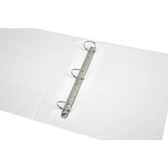 White Marbig Clearview binder lying open with three D rings on the mechanism and a pocket inside the cover