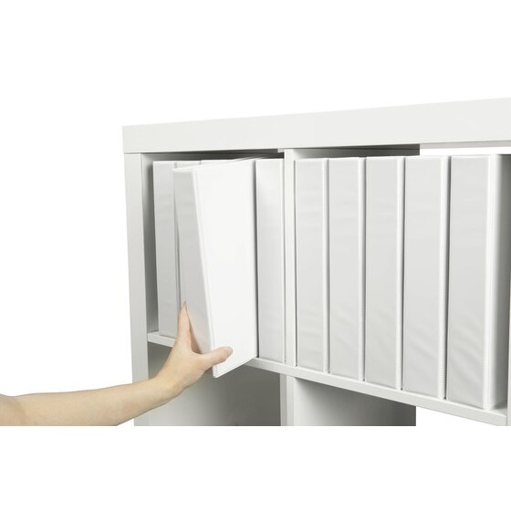 Hand taking a white Clearview insert binder from a shelf of plain spined white binders