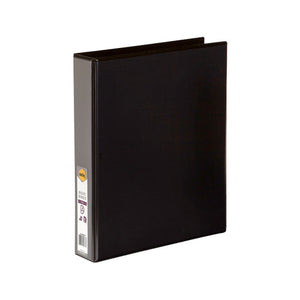 Black Marbig Clearview A4 insert binder at an angle with a printed Marbig label on the spine under the overlay