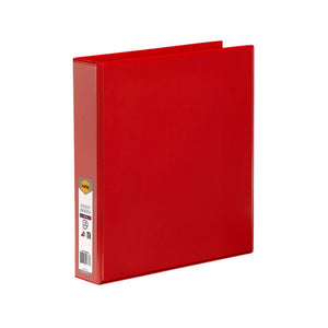 Red Marbig Clearview A4 insert binder at an angle, with the printed Marbig spine label visible under the overlay