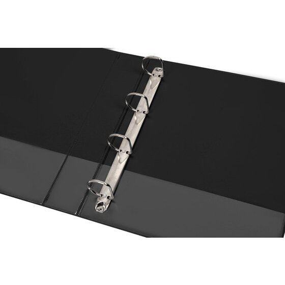 Black Marbig Clearview binder lying open to show four D rings on the mechanism and the inside cover