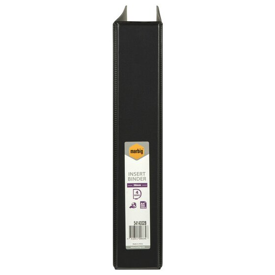 Upright spine of the black Marbig insert binder with its label showing 38mm, 4 ring and the product code