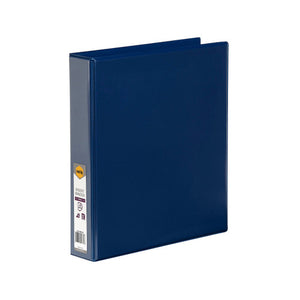 Navy blue Marbig Clearview insert binder standing at an angle with a Marbig spine label