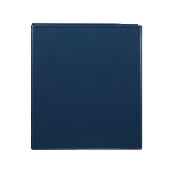 Front cover of the blue Marbig Clearview 38mm binder, a plain navy toned surface under the clear overlay