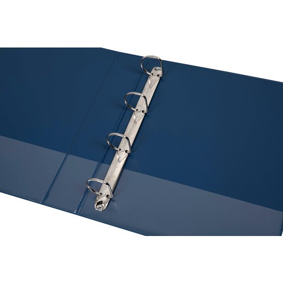 Close view of the blue Marbig binder opened to show four D rings on the metal rail and the inside cover pocket