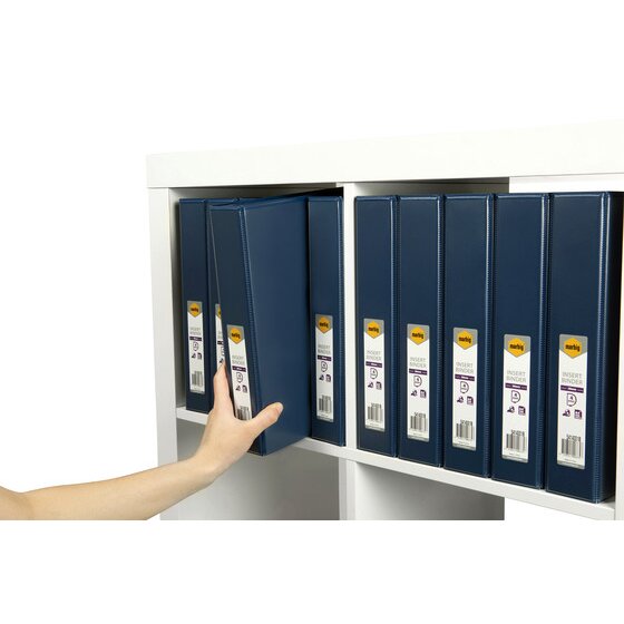 Hand taking a blue Marbig Clearview binder from a shelf of matching labelled blue binders