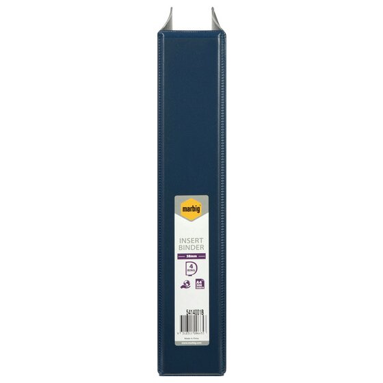 Spine of the blue Marbig binder with a label reading insert binder, 38mm, 4 ring, A4 300 sheets and code 5414001B