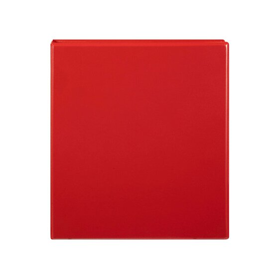 Front view of the red Marbig 38mm Clearview insert binder, a clear overlay over the red board