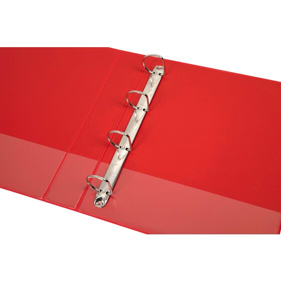 Red Marbig Clearview binder open with four D rings on the metal mechanism inside the red covers