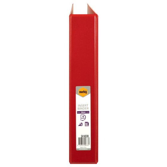 Standing spine of the red Marbig insert binder with a label showing 38mm, 4 ring, the code and a barcode