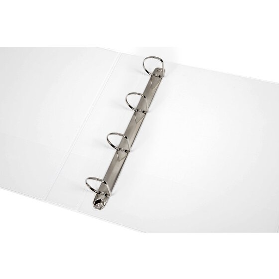 White Marbig insert binder lying open with four D rings mounted on a metal rail along the back panel