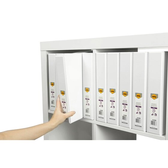 Hand pulling a white Marbig Clearview binder from a shelf of matching labelled white insert binders