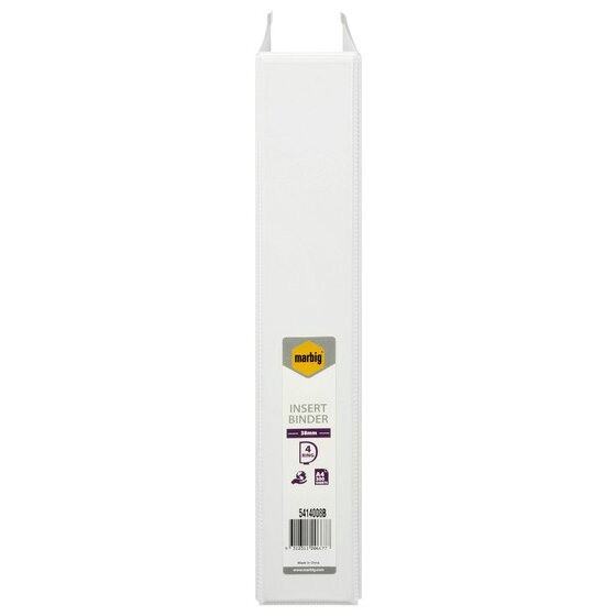Spine of the white Marbig binder with a label reading insert binder, 38mm, 4 ring, A4 300 sheets and 5414008B
