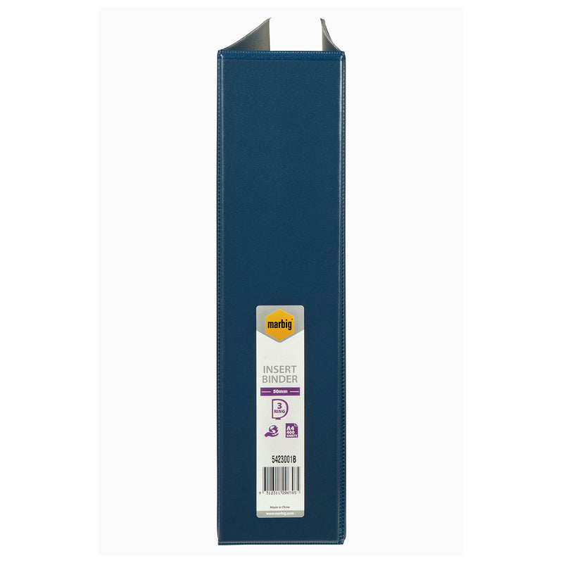 Spine of the blue Marbig insert binder with a label reading Insert Binder, 50mm, 3 ring and code 5423001B