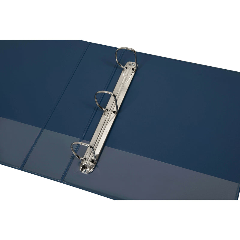 Marbig 5423001B blue binder lying open with three D rings on a metal rail and clear pockets along the lower inside covers
