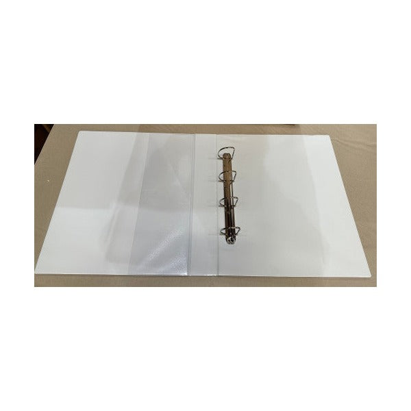 The open mechanism of a white Marbig Clearview A3 portrait insert binder photographed from above, showing four D shaped rings evenly spaced along a metal rail with the clear inside cover sleeves either side.