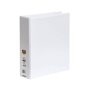 White Marbig Clearview 50mm insert binder at an angle with a Marbig insert binder label in the spine pocket