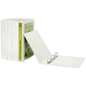 Four white Marbig binders standing together beside a fifth lying open. The open binder in this superseded manufacturer photograph shows a three ring round mechanism and a green Marbig Enviro Range insert in the spine pocket, not the four ring build sold under this code.
