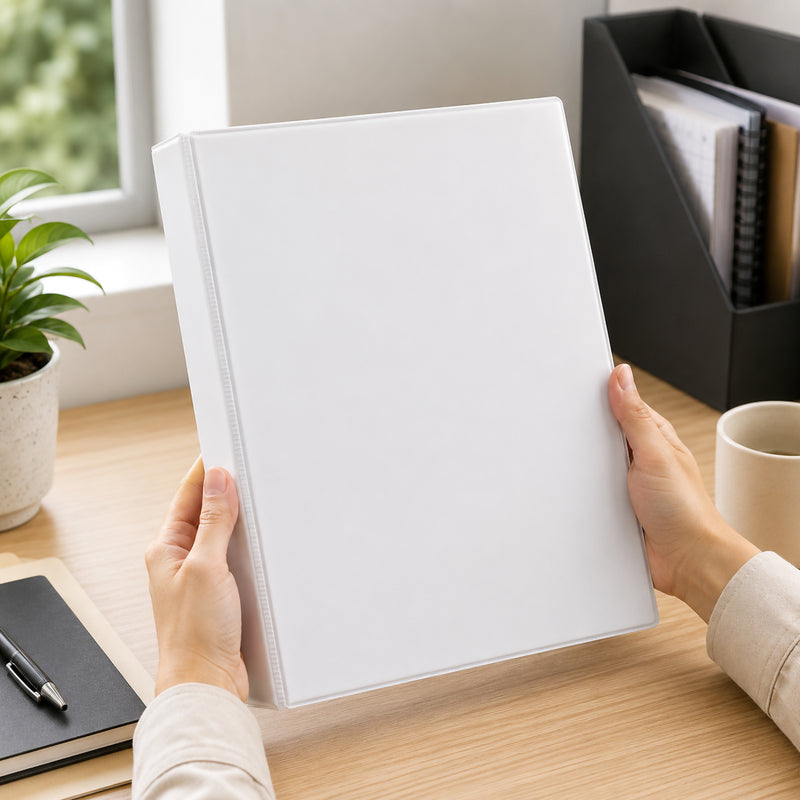 Hands holding the Marbig Clearview Insert Binder A4 25mm 3D Ring White in a bright office environment, demonstrating comfortable handling while organising reports, presentations and everyday business documents.