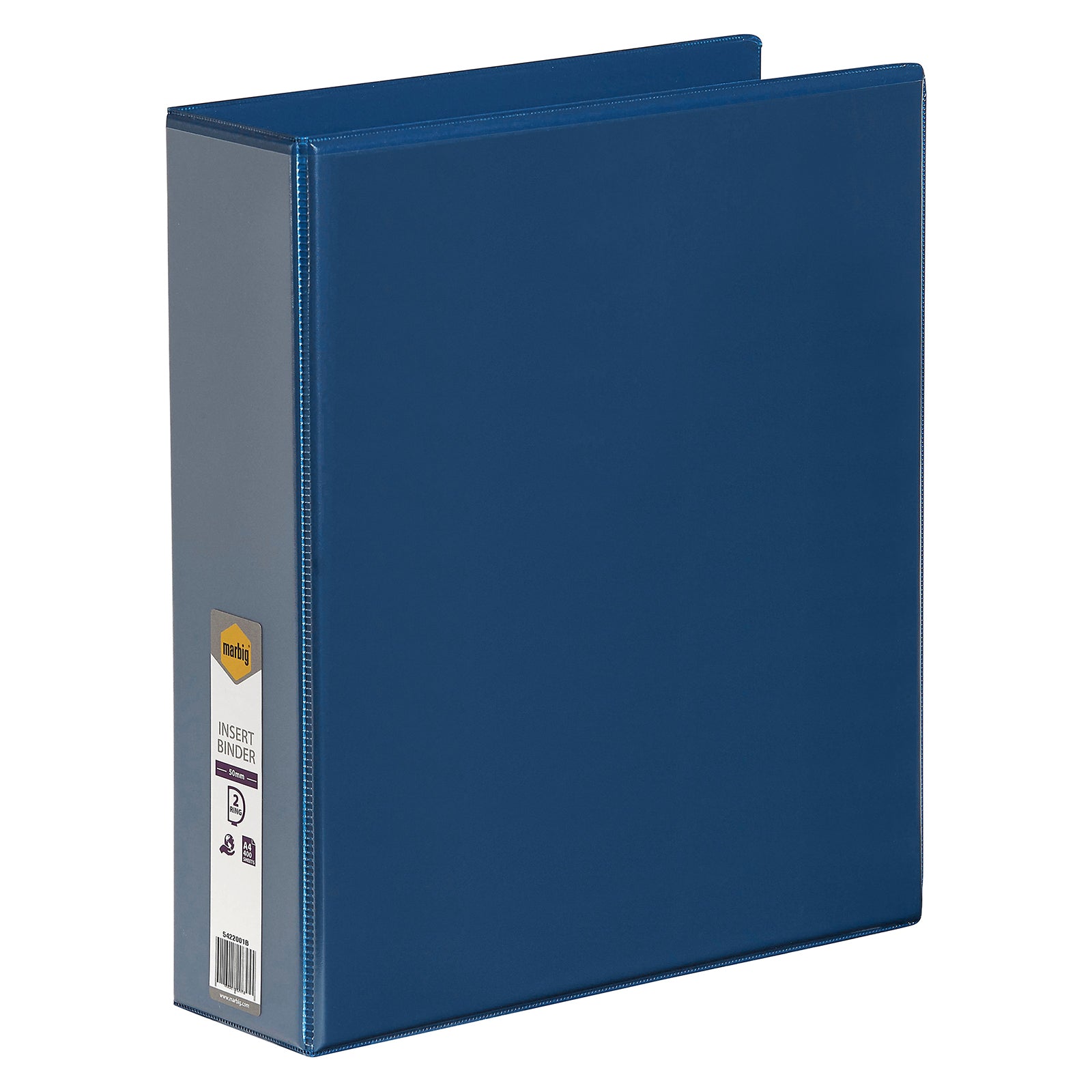 Angled studio view of the Marbig A4 50mm 2D Ring Blue Insert Binder highlighting the rigid construction, clearview design and professional finish suitable for office, school and business use.