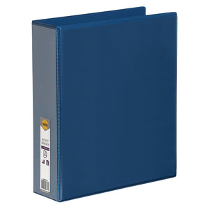 Angled studio view of the Marbig A4 50mm 2D Ring Blue Insert Binder highlighting the rigid construction, clearview design and professional finish suitable for office, school and business use.