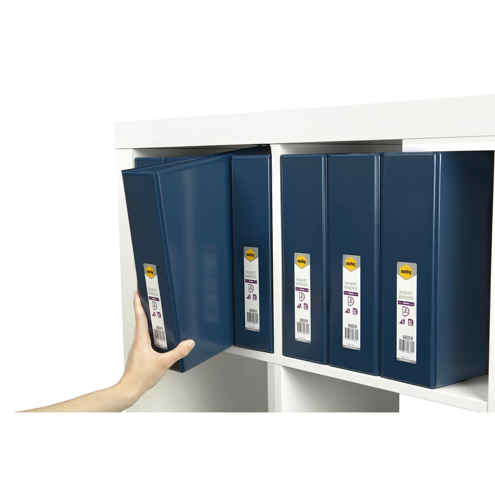 Multiple Marbig Blue Clearview Insert Binders stored neatly on an office shelf while a hand removes one binder, demonstrating organised filing systems and easy document access.