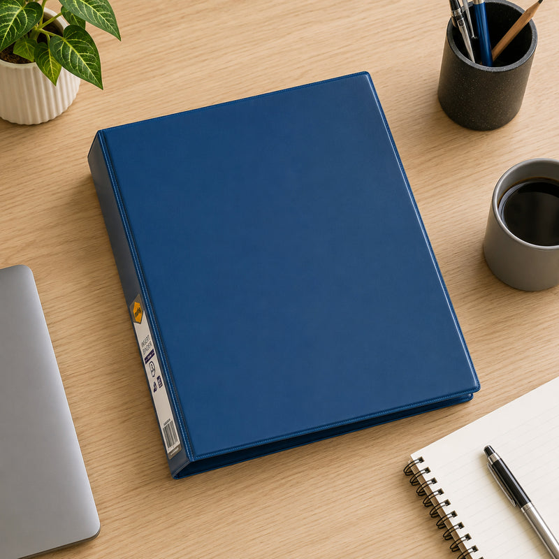 Top view of the blue Marbig A4 Clearview Insert Binder resting on a timber desk with office stationery, coffee cup and laptop, highlighting the smooth durable cover and professional appearance.