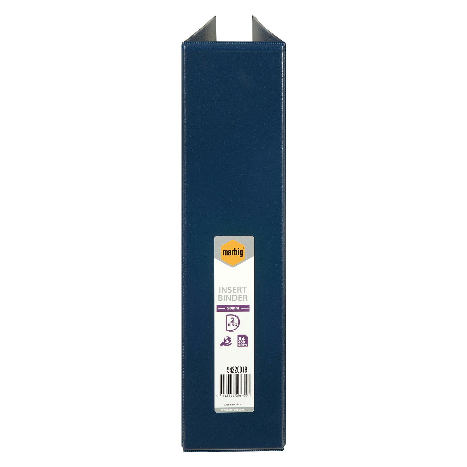 Side profile of the Marbig Clearview Insert Binder displaying the labelled 50mm spine, making it easy to identify and retrieve files from shelving or filing cabinets.