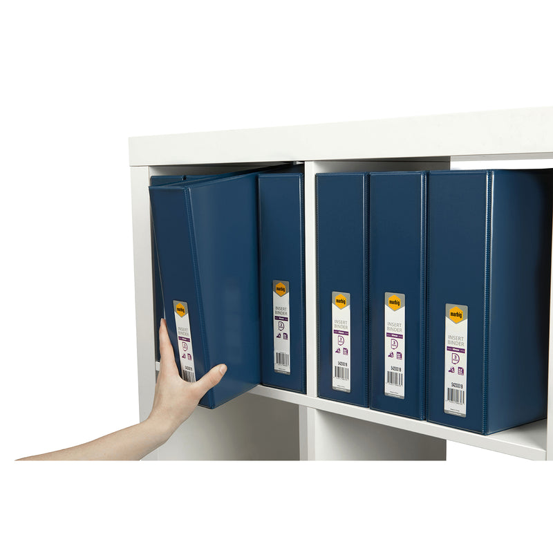 Hand placing the Marbig Clearview 3D Ring Binder into a shelving unit alongside matching binders, illustrating organised archive storage and quick retrieval of important business documents.