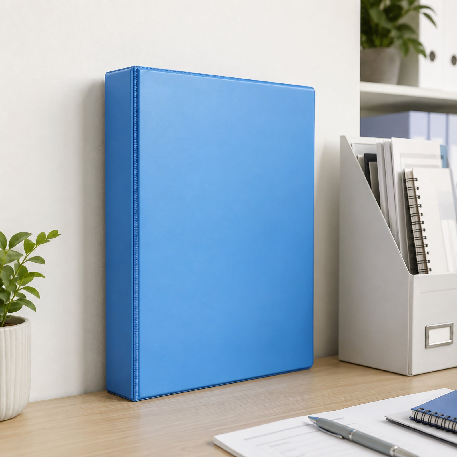 Marbig Clearview Marine A4 50mm 4D Ring Binder standing neatly against an office wall beside document organisers and desk accessories, showing an organised filing solution for professional workspaces.