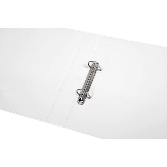 Close up of an open white Marbig Clearview insert binder showing the two D shaped rings mounted on a metal rail fixed to the back cover, with the clear internal overlay pocket visible across the inside face.