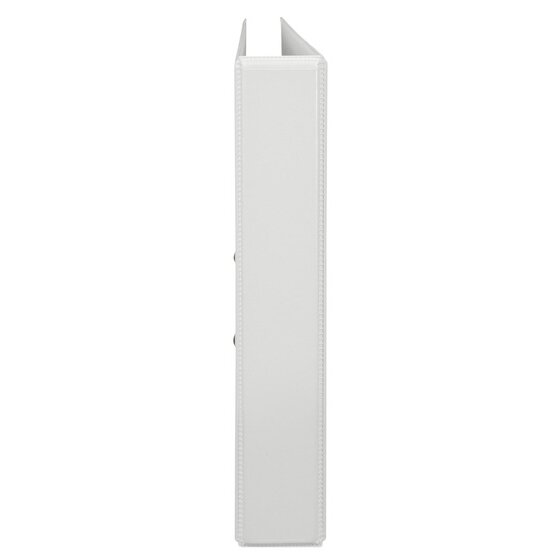 Spine on view of a closed white Marbig Clearview insert binder, showing the clear spine label pocket running the full height of the spine with two small dark rivets along its centre line.
