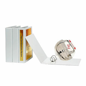 Three white Marbig Hi-Cap binders standing upright with a fourth lying open, one carrying a printed insert in its clear spine pocket, beside an inset close up of a two ring slanted D mechanism.