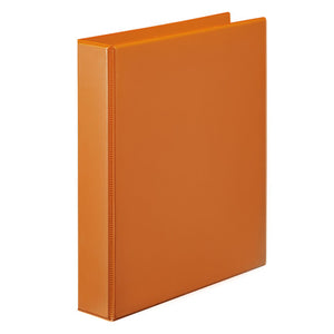 Orange Marbig Clearview A4 insert binder standing at an angle, showing the clear overlay on the front cover and spine